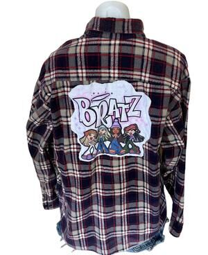 Bratz Plaid Flannel Shirt LARGE Oversized Upcycle Unique Grunge Y2K Shacket